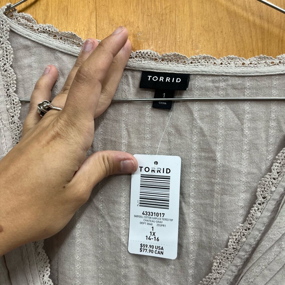 Torrid Beige lace tiered faux Wrap Blouse - Picture 4 of 8